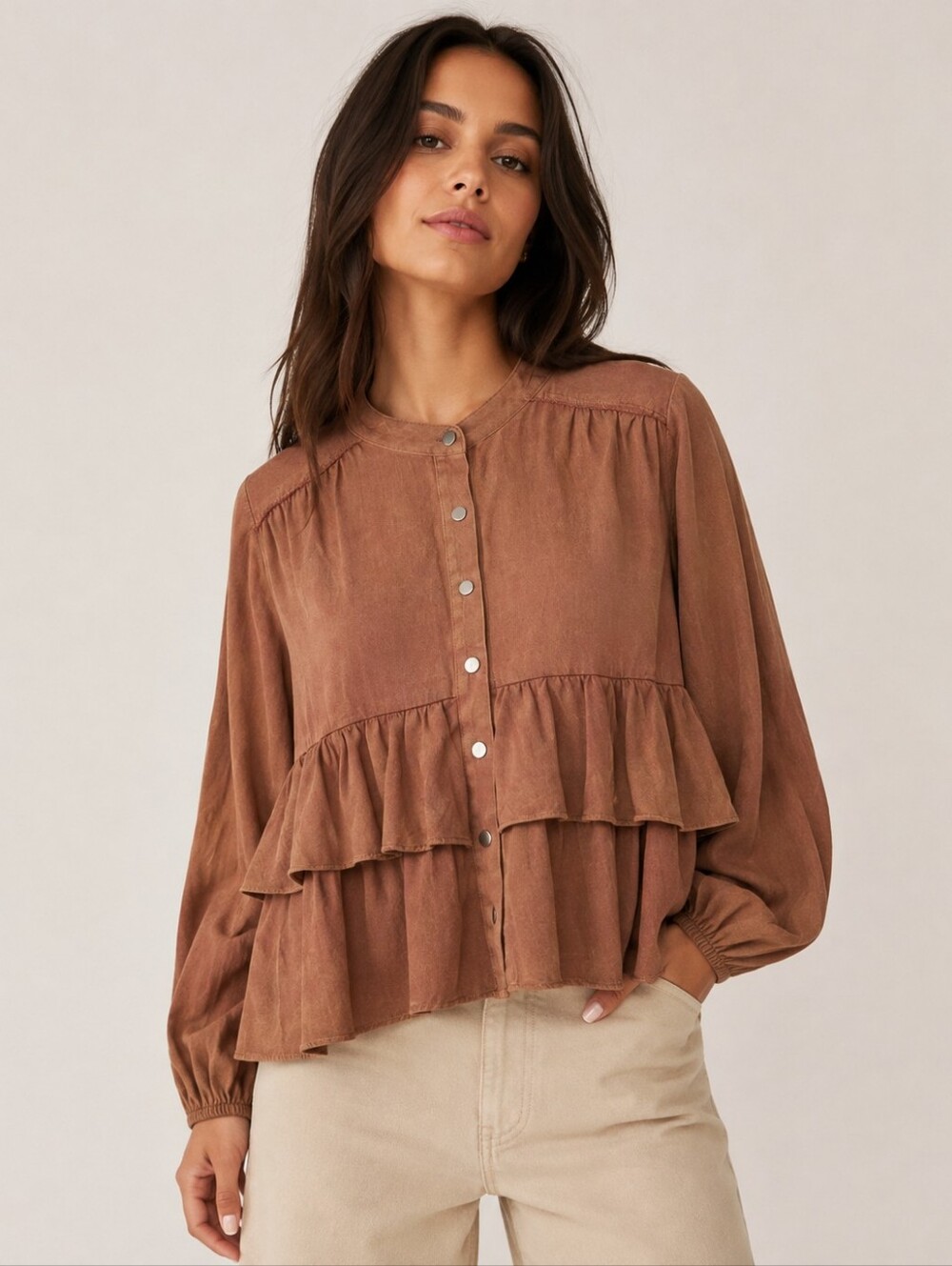 POL Rust Tiered Ruffle Blouse Balloon Sleeve Small NWOT